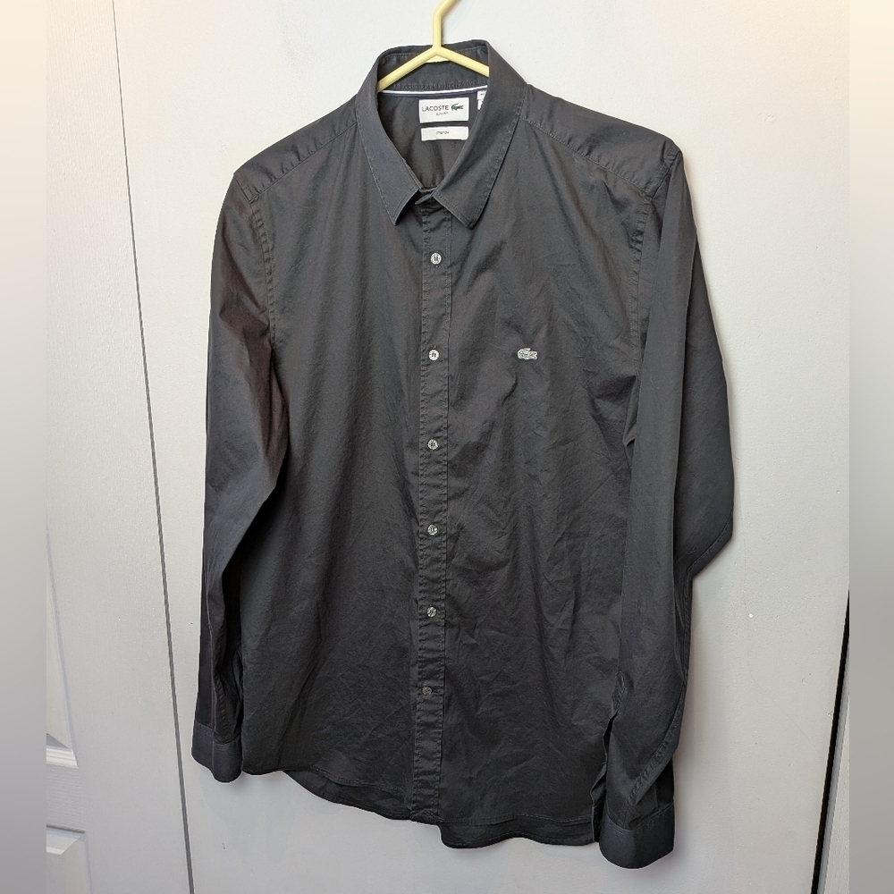LACOSTE Black Casual Button Down Shirt Men Long Sleeve Size 16.5 Business Casual